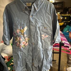 Embroidered Light Blue Denim Button-Down Shirt